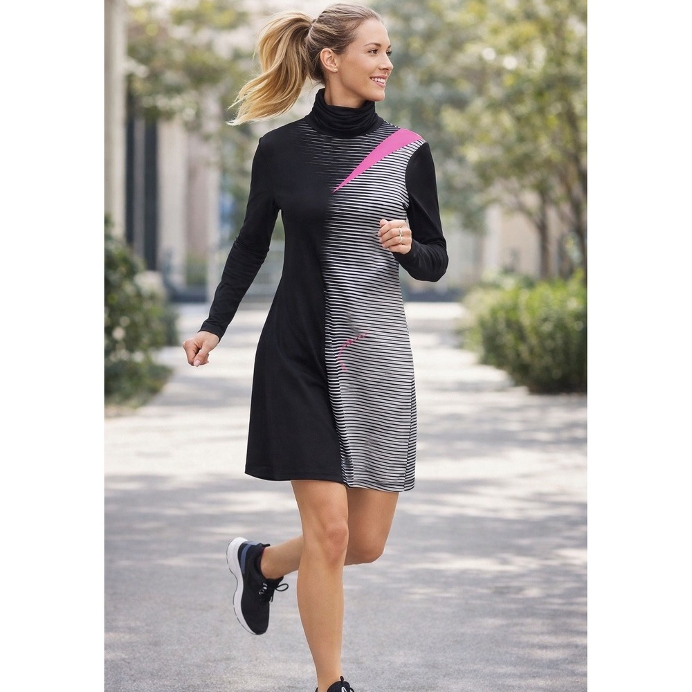 Jamie Sadock Sunsense Dress Women XS Black Good Stripe Mock Neck Long‎ Sleeve